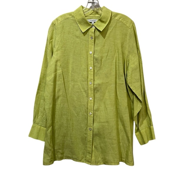 Foxcroft 14W Relaxed Chartreuse 100% Linen Long Sleeve Button Down Shirt - Picture 1 of 6